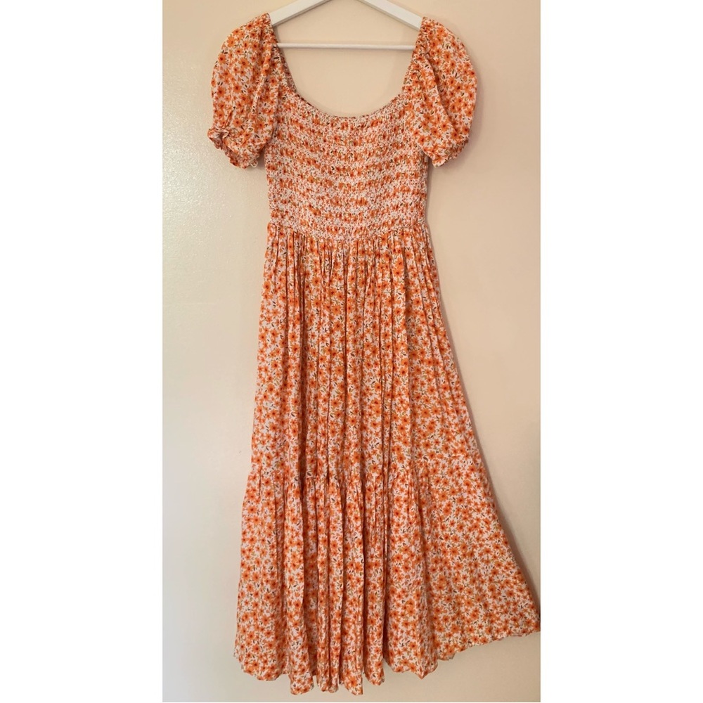 Aqua • XS • Smocked Top Puff Sleeve Tired Midi Dress